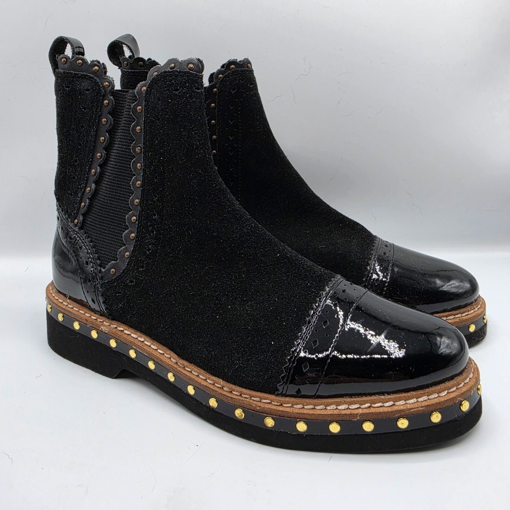 Free People Atlas Black Suede Patent Leather Scalloped Studded Chelsea Boots 36